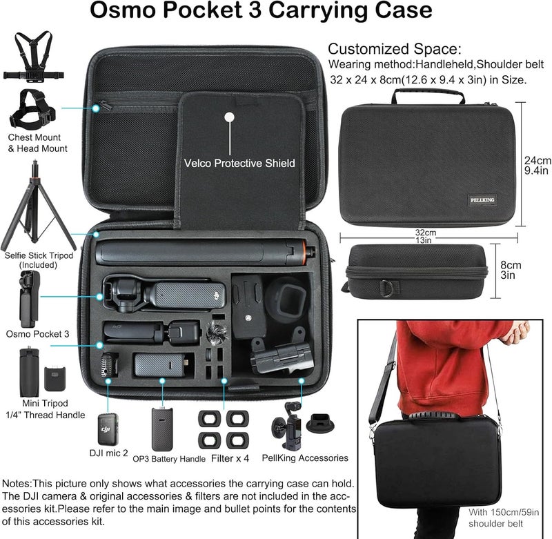 PELLKING Accessories Kit for Osmo Pocket 3/Xtra Muse,Included Carrying Case with Belt,135cm Selfie Stick Tripod,Suction Cup,Magnetic Mount,4 Pcs Body Strap Mount,Silicone Base,Mini Tripod and Others - Image 3